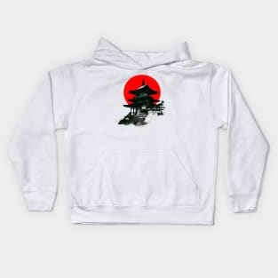 Japanese Temple With Red Circle Sumi e Ink Art Kids Hoodie